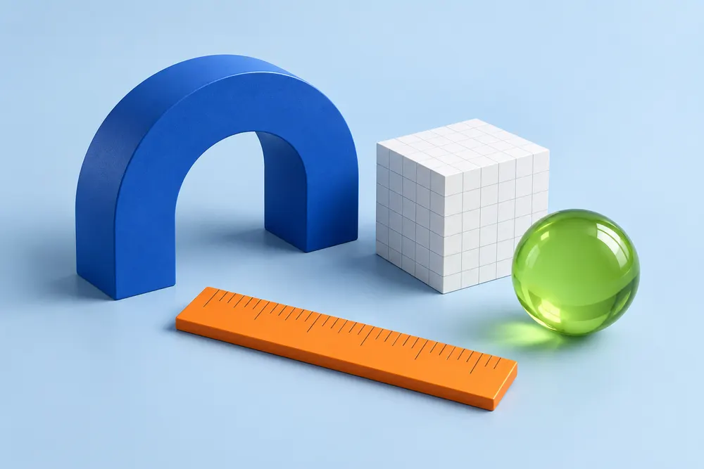 Cobalt arch, gridded cube, green sphere and orange ruler: an original study of everyday shapes.